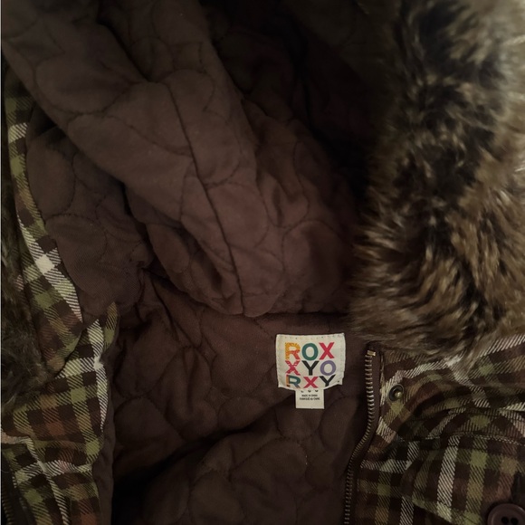 Roxy Brown Plaid Jacket with Faux Fur - Picture 2 of 3